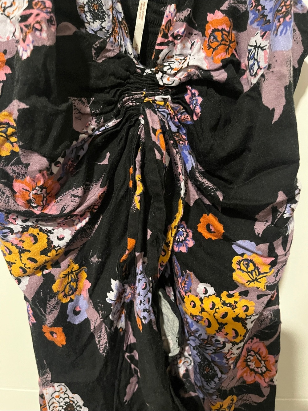 Free People Happy Heart Black V-Neck Floral Design Mini Dress Boho Festival - Picture 7 of 13